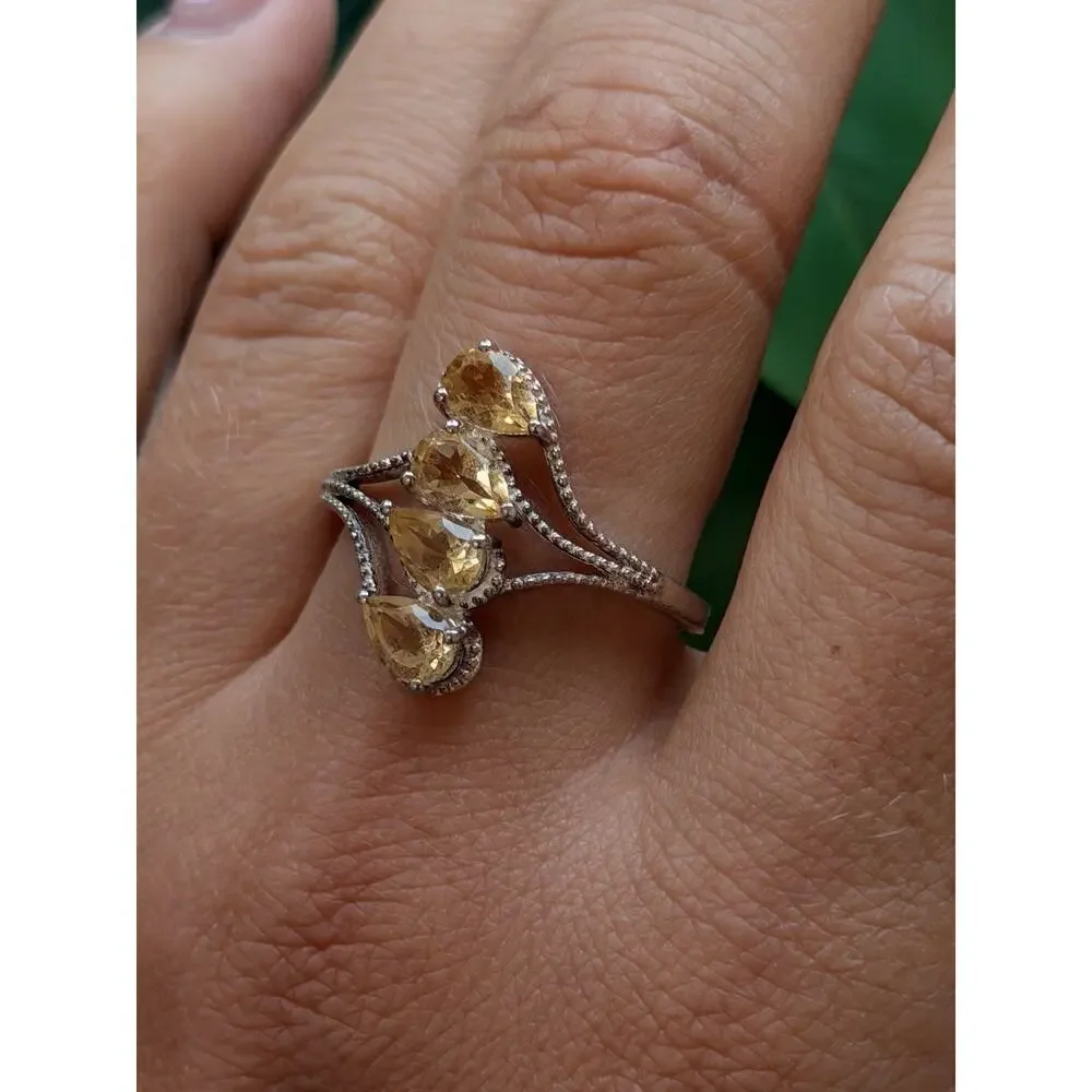 925 Sterling Silver Pear Cut 4 Stones Yellow Citrine Ring Size 10